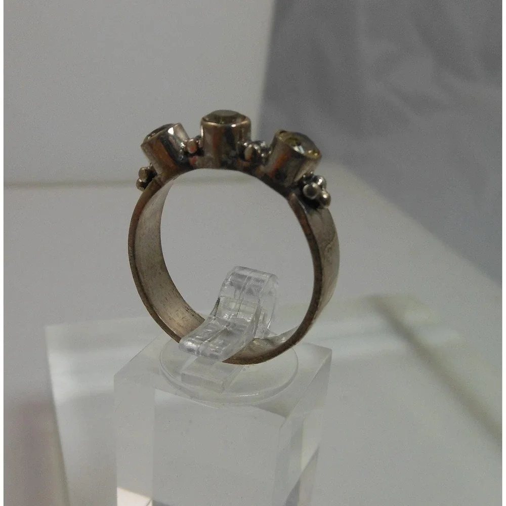 Sterling‎ Silver 925 Three Stone Citrine Granulated Artisan Band Ring Size 9.5